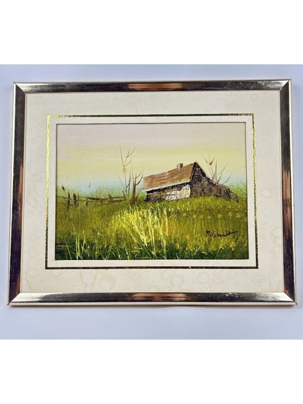 Vintage Painting Old Barn on the Prairie by "M. Schmidt" 5 X 7 Framed